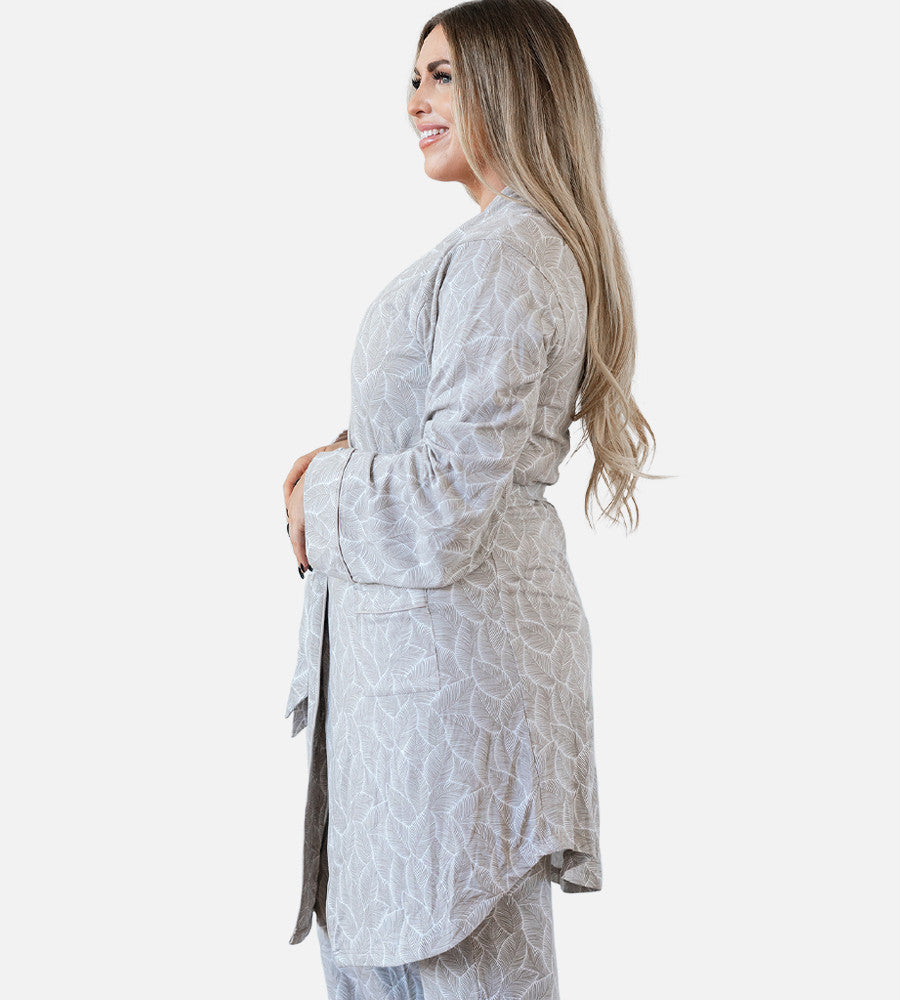 side view of model wearing coastal gray robe