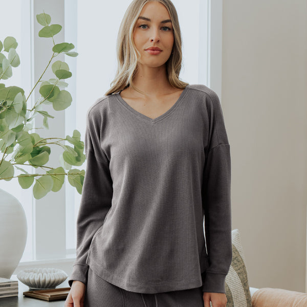 front view of model wearing Charcoal long sleeve