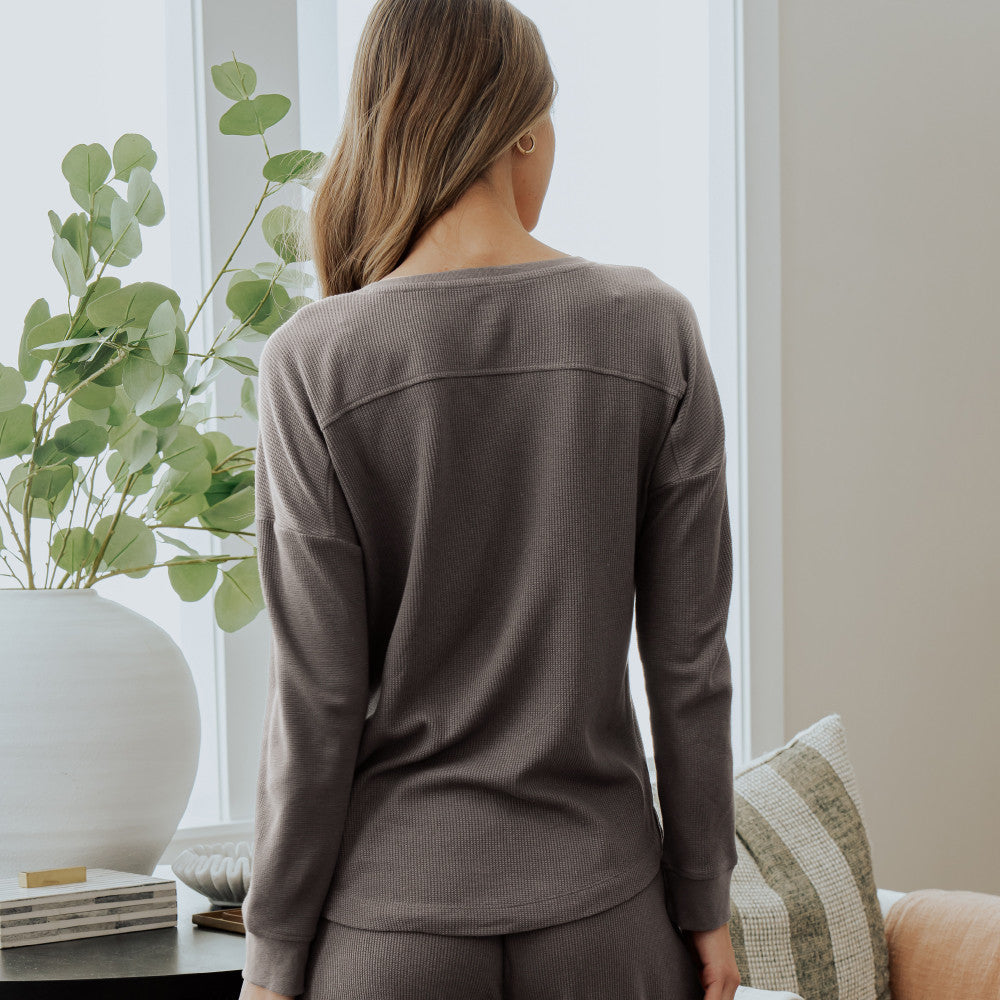 back view of model wearing Charcoal long sleeve