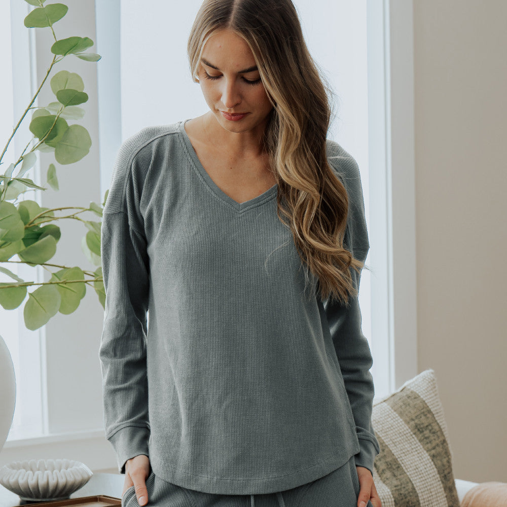 front view of model wearing jade long sleeve