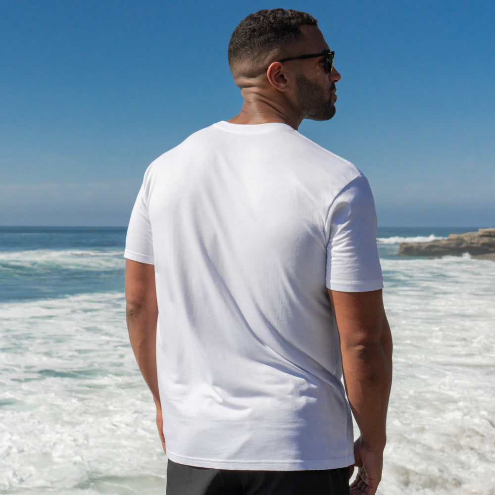 back view of model wearing white crew tee