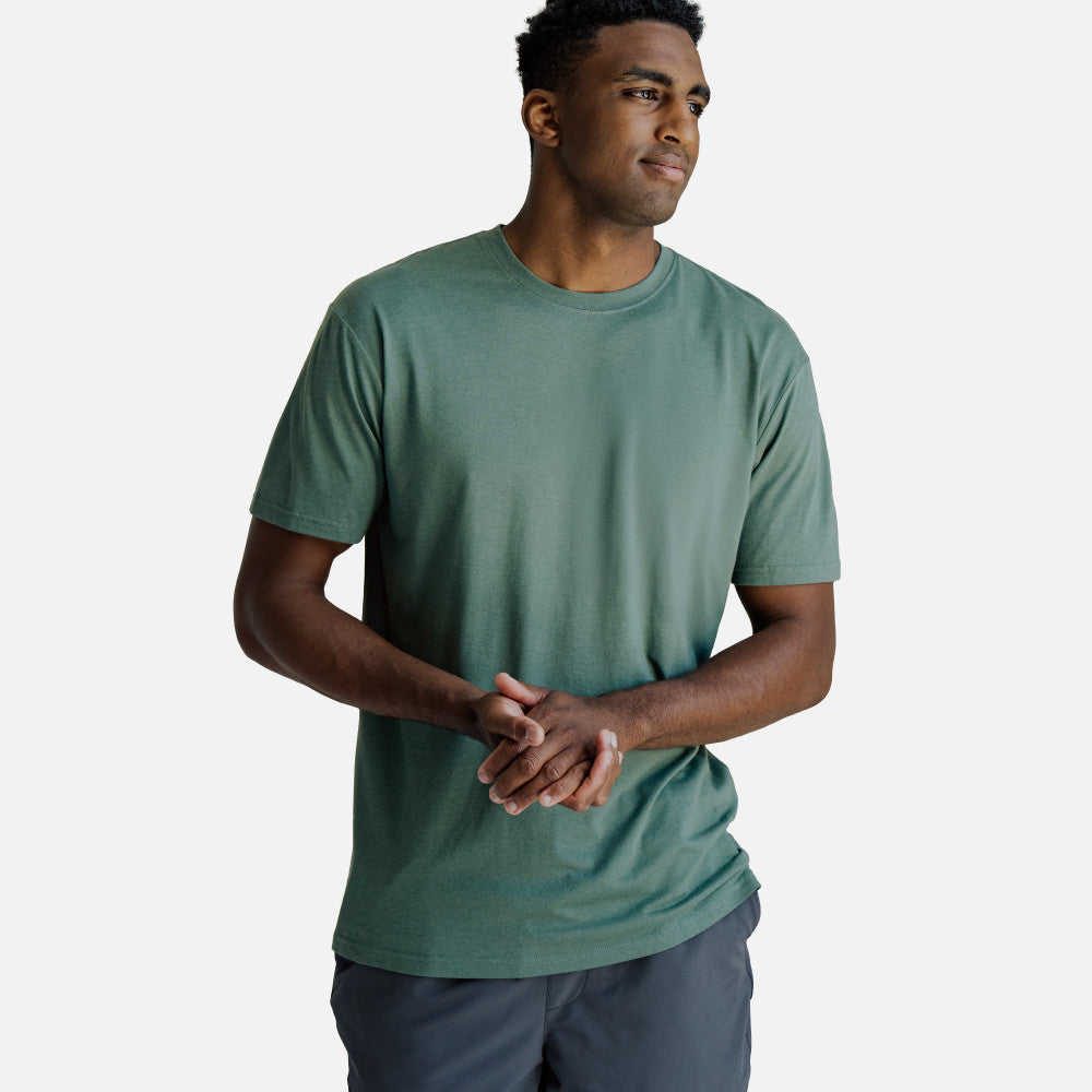 front view of model wearing aloha green crew tee
