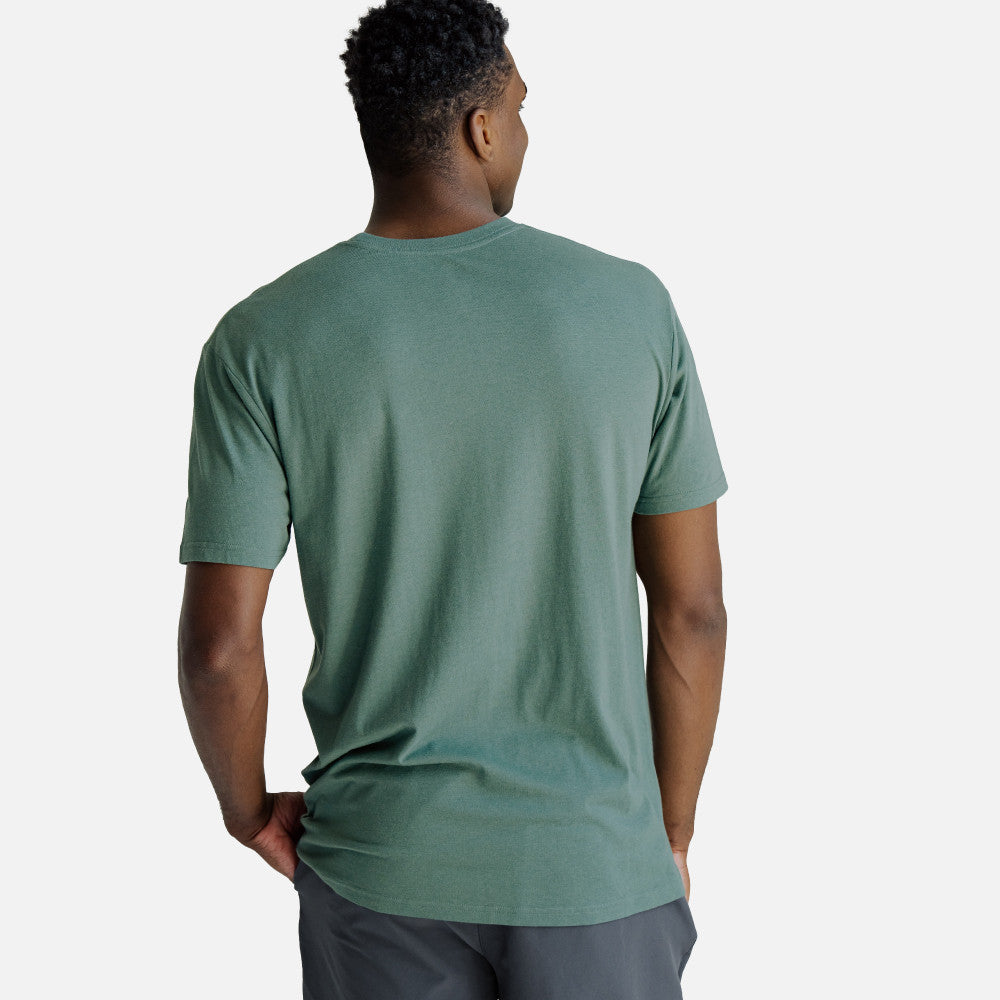 back view of model wearing aloha green crew tee