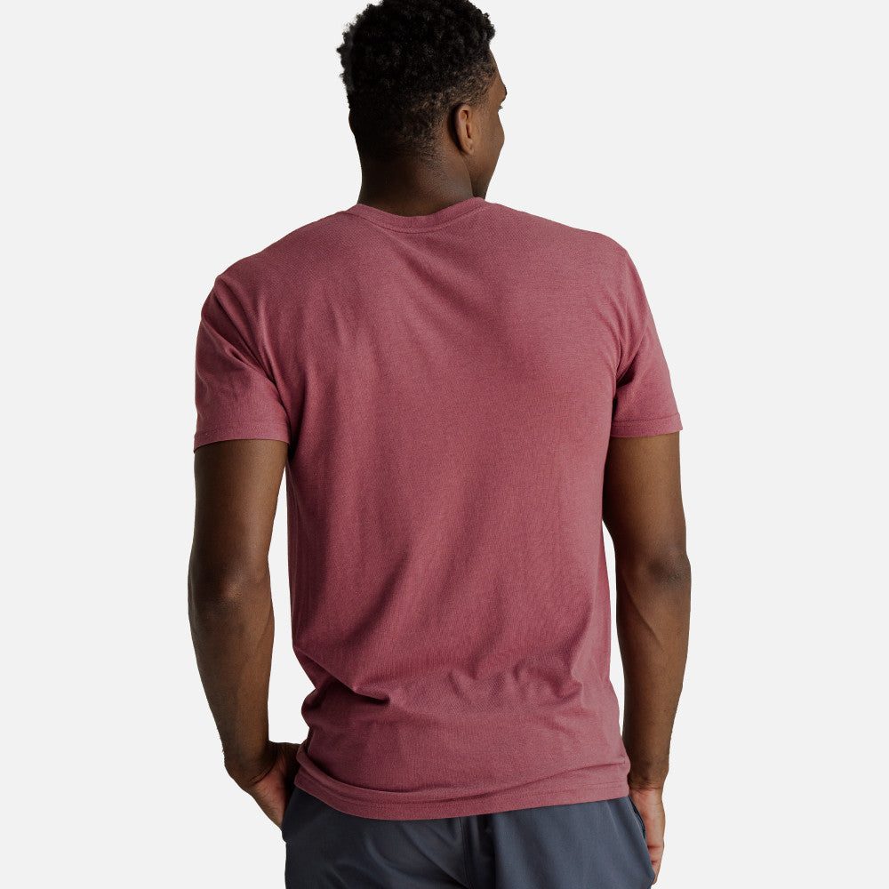 back view of model wearing hibiscus red crew tee