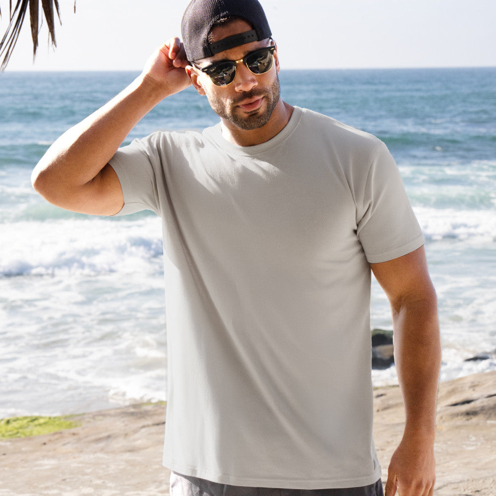 front view of model wearing silver shore crew tee