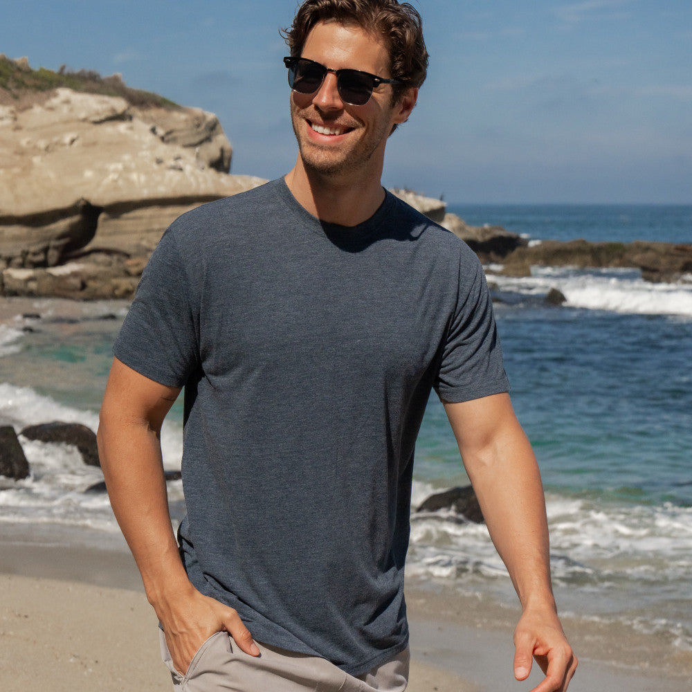 front view of model wearing midnight tide crew tee