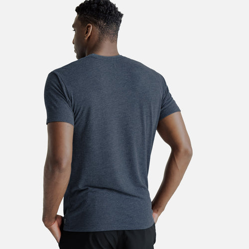 back view of model wearing midnight tide crew tee