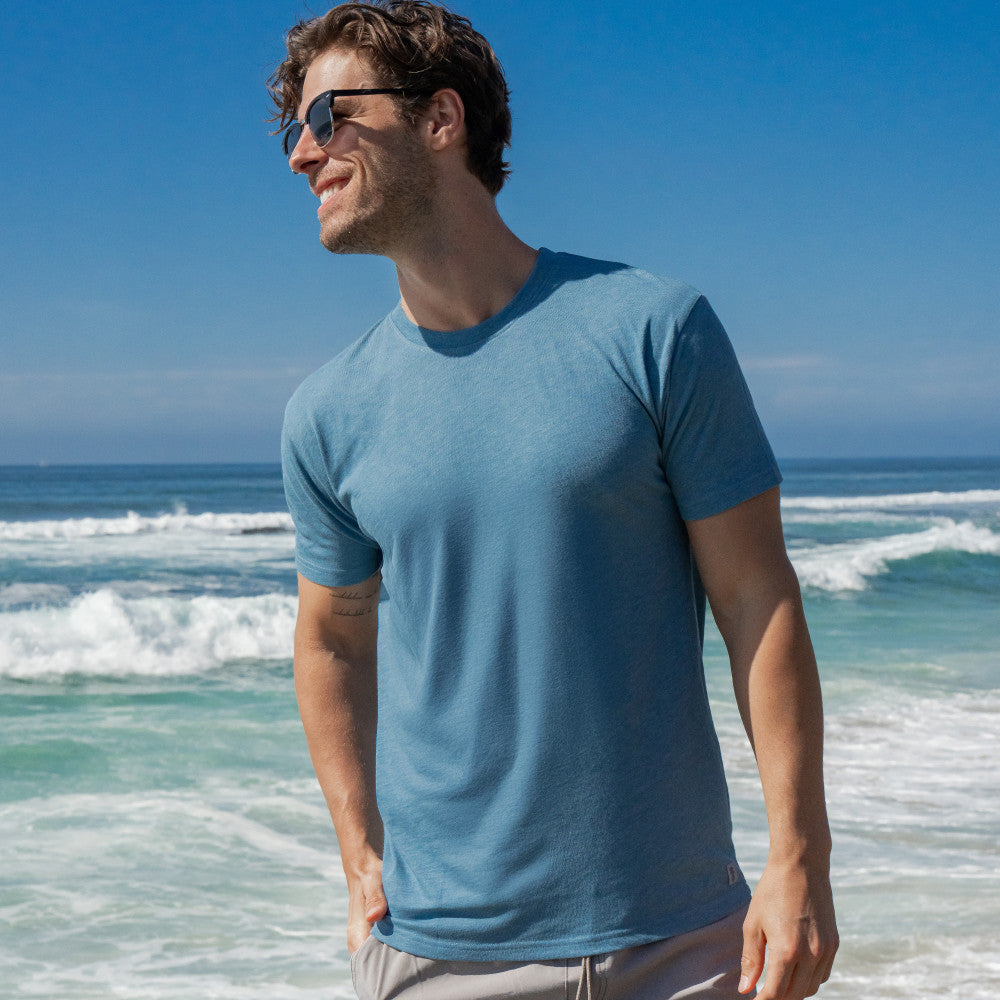 front view of model wearing coastal blue crew tee