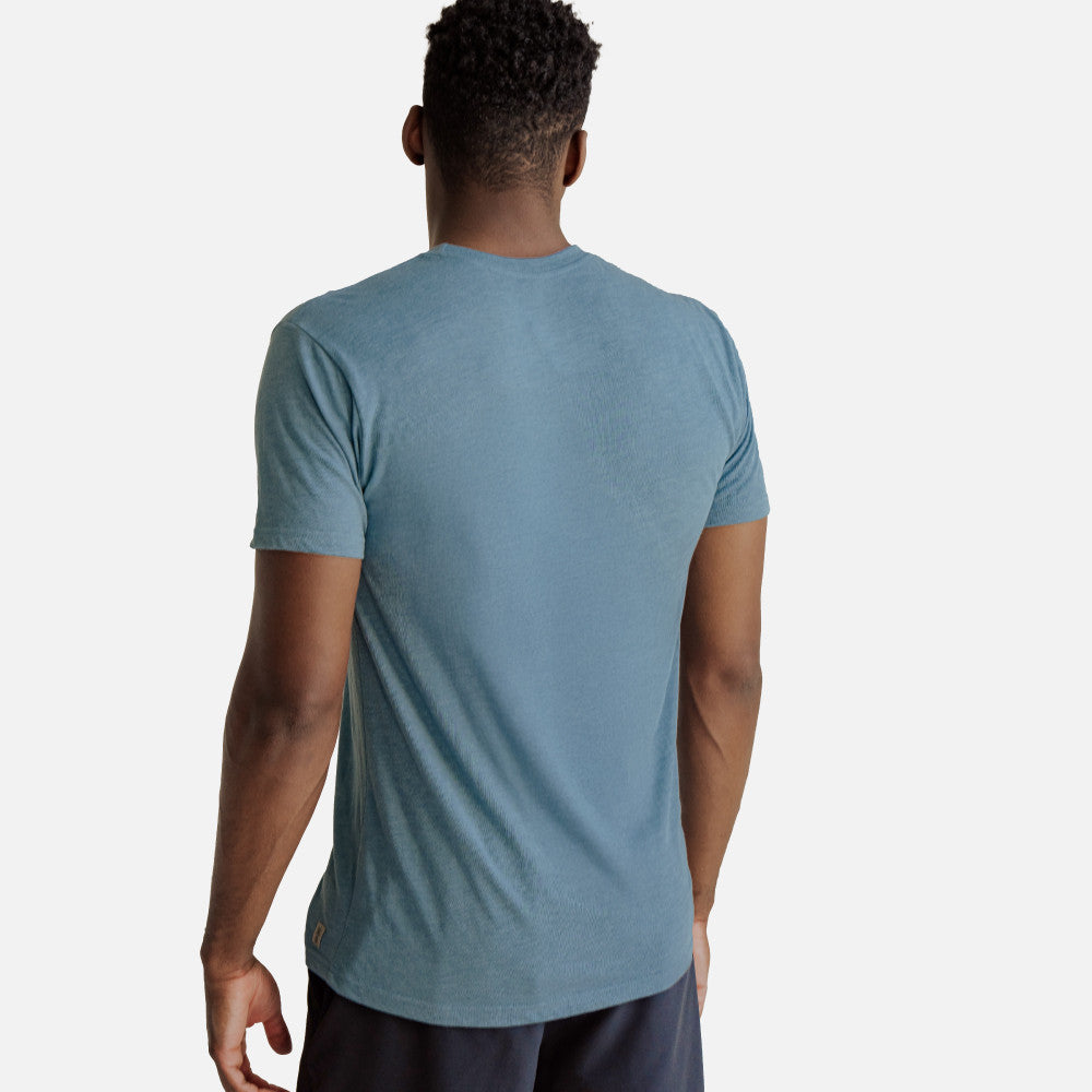 back view of model wearing coastal blue crew tee