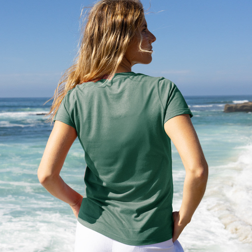 back view of model wearing aloha green crew tee