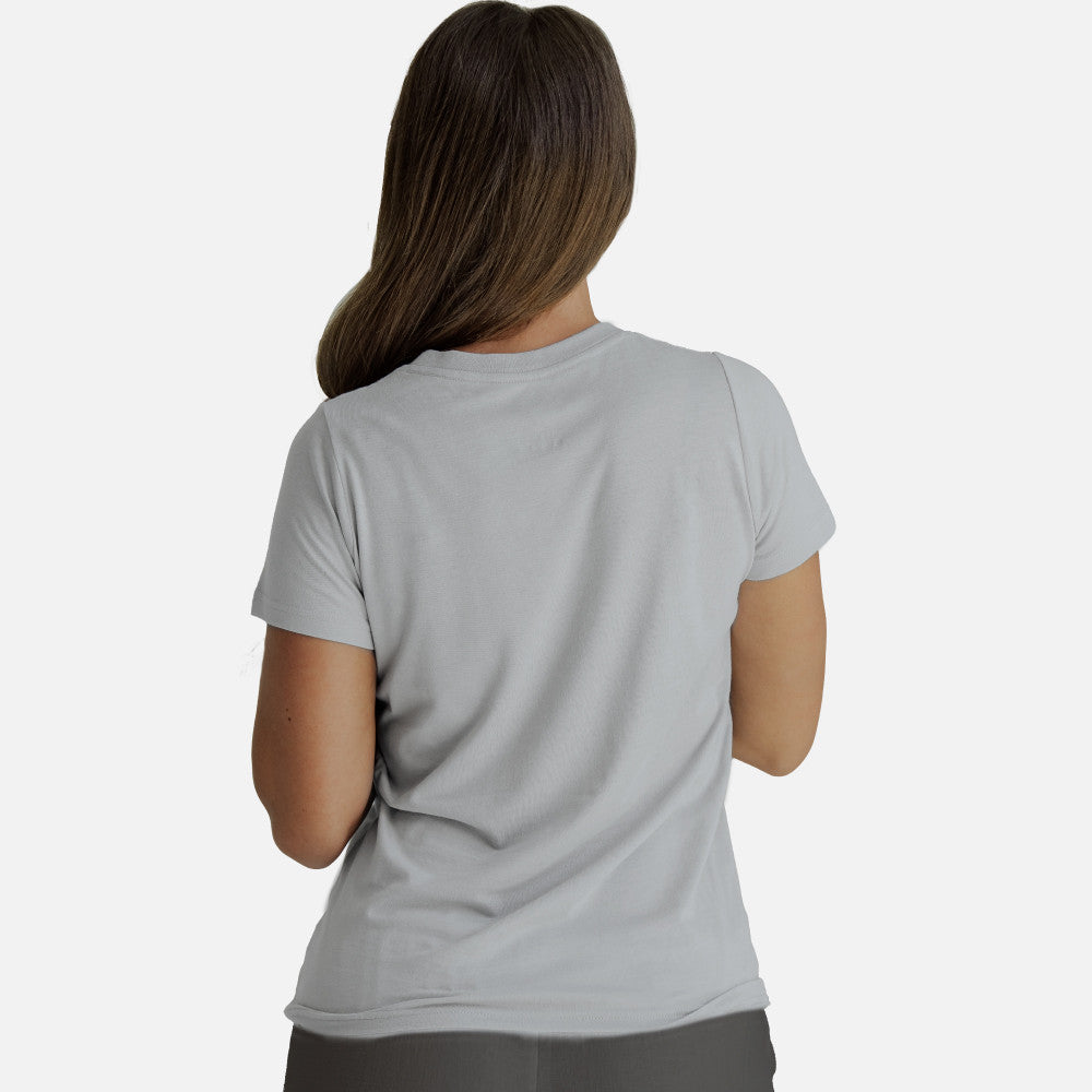 back view of model wearing silver stone crew tee