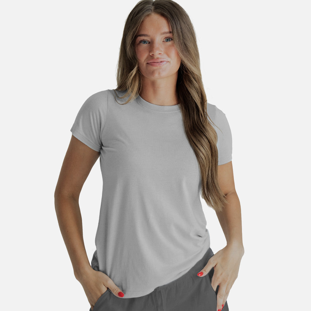 front view of model wearing silver stone crew tee