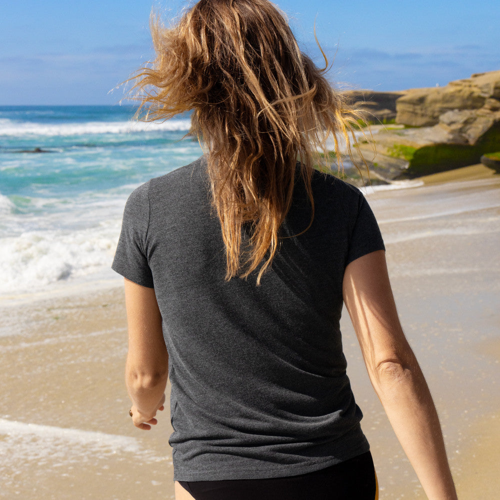 back view of model wearing charcoal crew tee