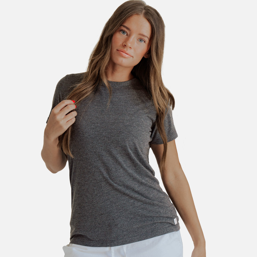 front view of model wearing charcoal crew tee