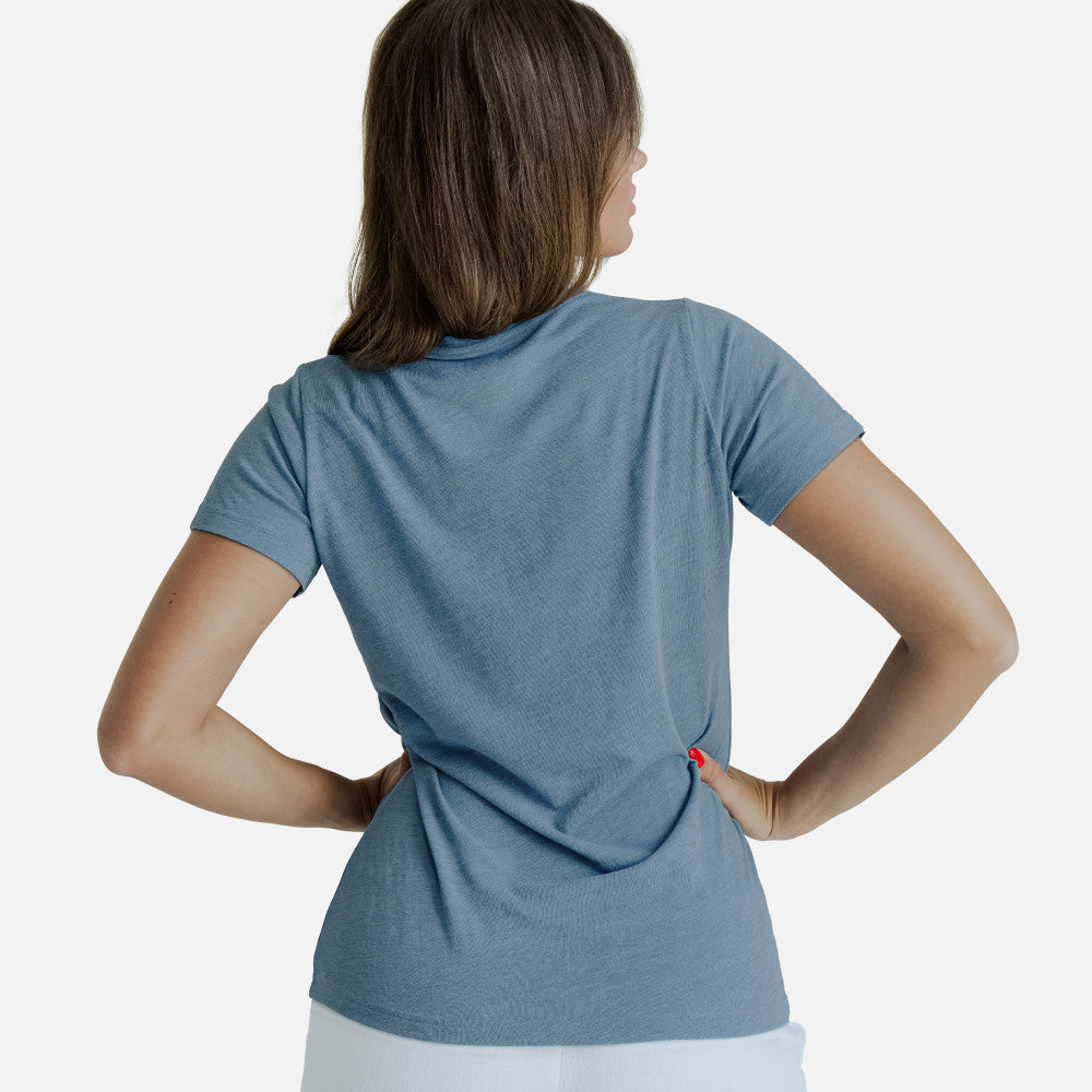 back view of model wearing coastal blue crew tee