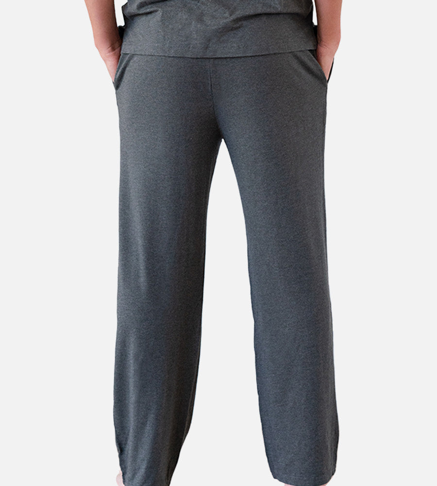 back view of models legs wearing charcoal heather pants