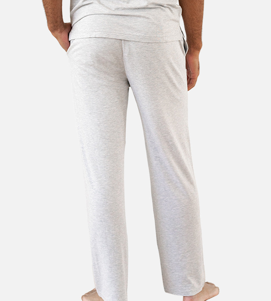 back view of models legs wearing light gray pants