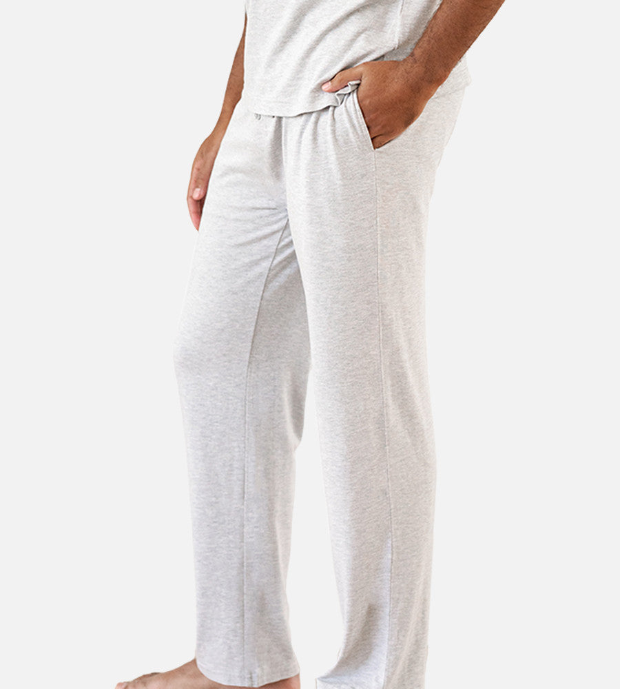 side view of models legs wearing light gray pants