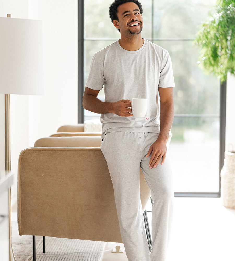 front view of models legs wearing light gray pants