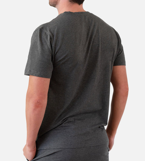 back view of model wearing charcoal heather crew