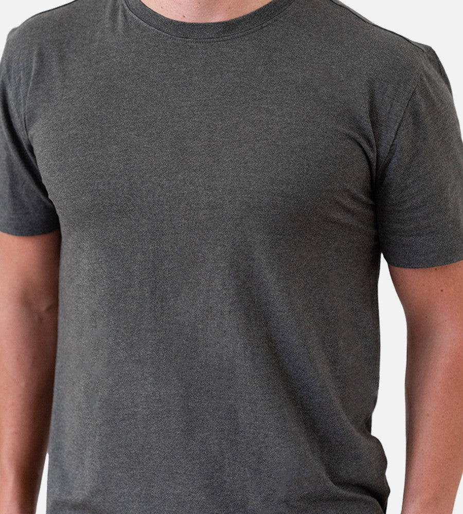 close-up front view of model wearing charcoal heather crew