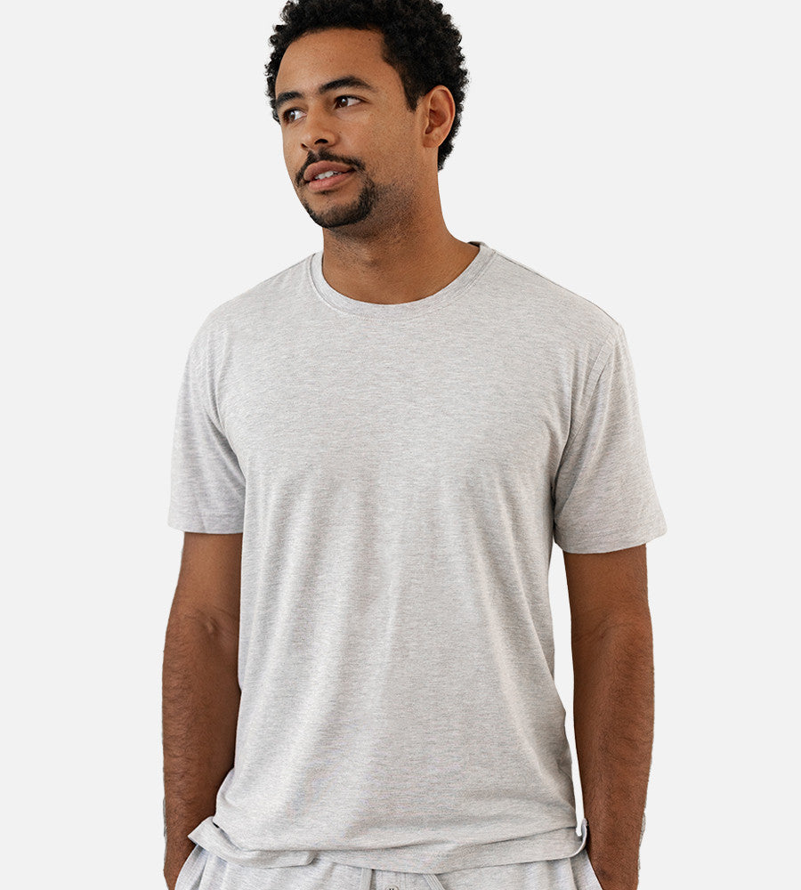 front view of model wearing light gray crew