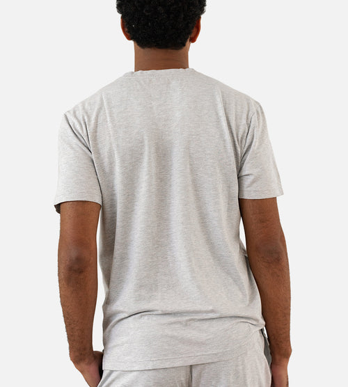 back view of model wearing light gray crew