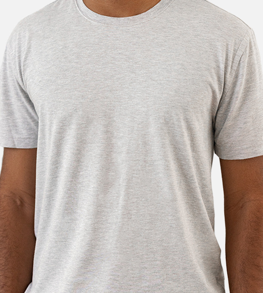 close-up front view of model wearing light gray crew
