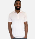 front view of model wearing stripes light pink comfort polo~Stripes Light Pink/White
