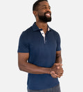 front view of model wearing navy comfort polo~Navy