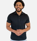 front view of model wearing back comfort polo~Black