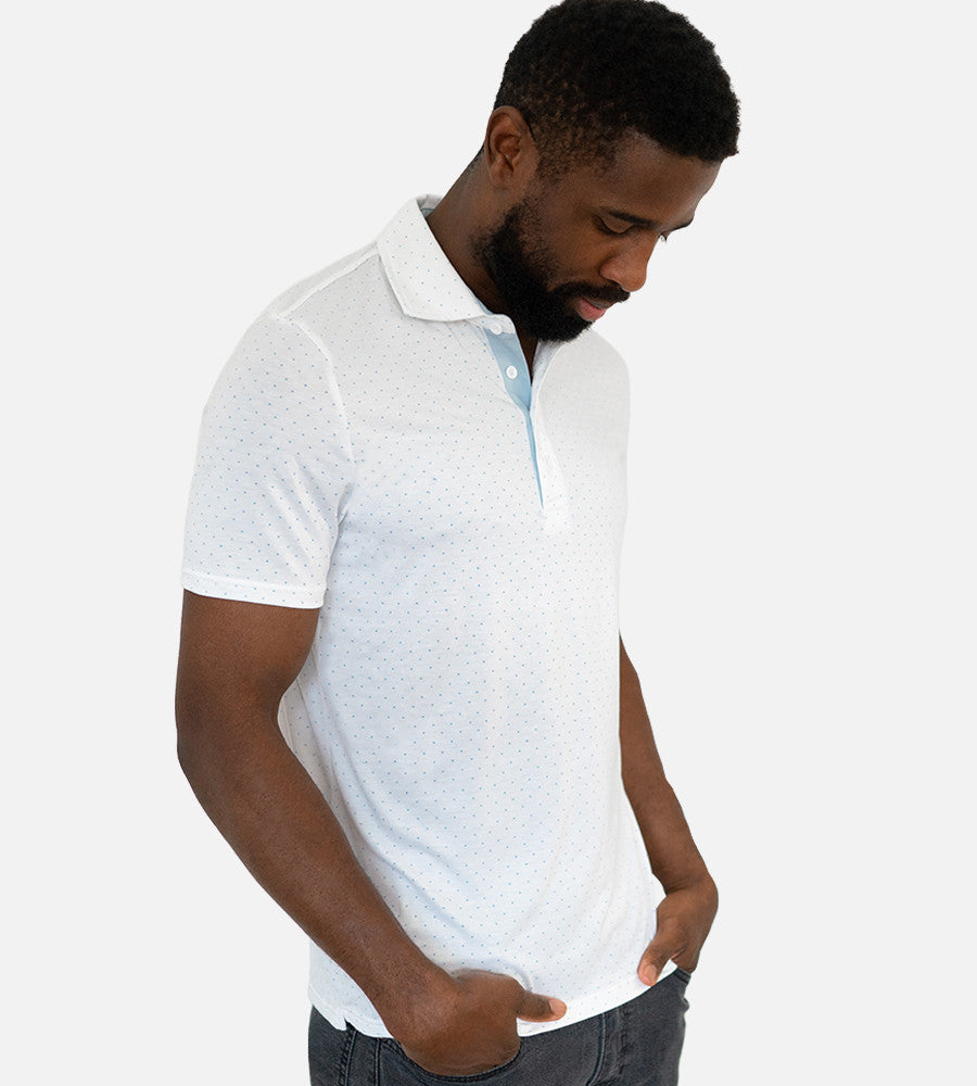 front view of model wearing dot light blue comfort polo~Dot White/Light Blue