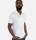 front view of model wearing dot light blue comfort polo~Dot White/Light Blue