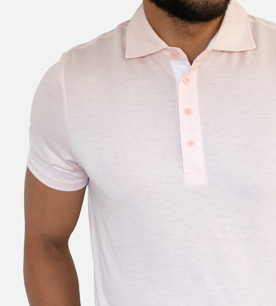 close-up on chest of light pink comfort polo~Light Pink