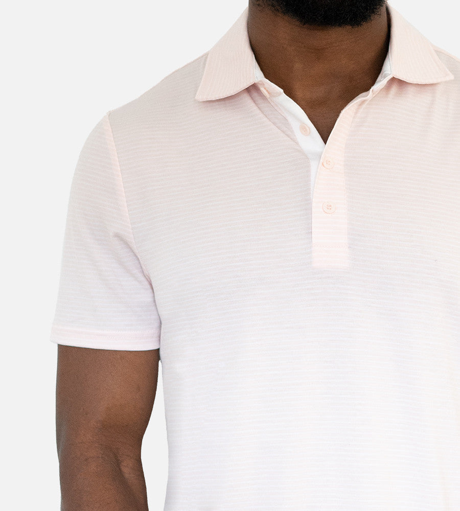 close-up on chest of stripes light pink comfort polo~Stripes Light Pink/White