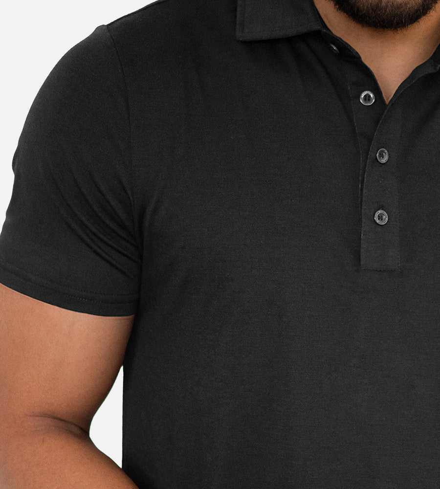 close-up on chest of charcoal comfort polo~Charcoal