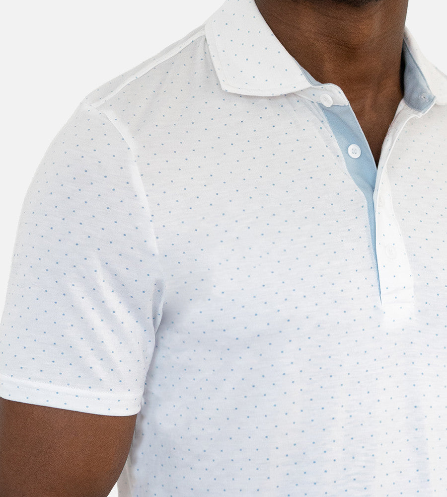 close-up on chest of dot light blue comfort polo~Dot White/Light Blue