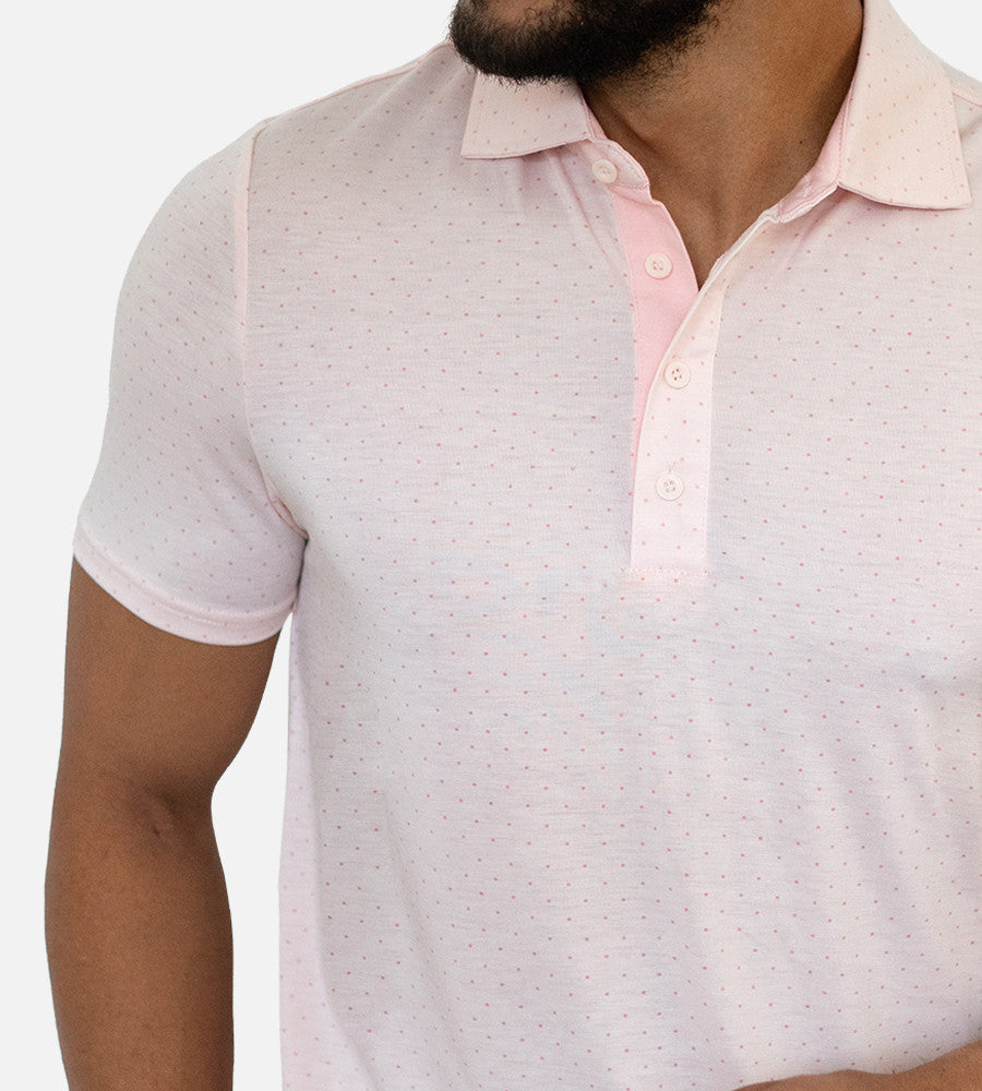 close-up on chest of dot light pink comfort polo~Dot Light Pink