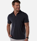 front view of model wearing stripes charcoal/black comfort polo~Stripes Charcoal/Black