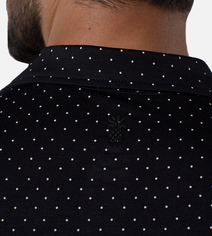 close-up on back collar of dot black/white comfort polo~Dot Black/White