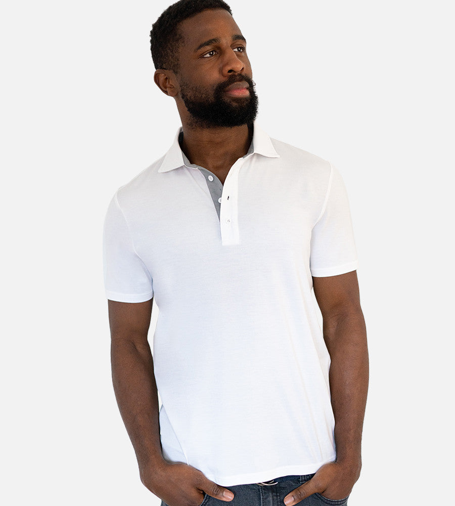 front view of model wearing white polo~White
