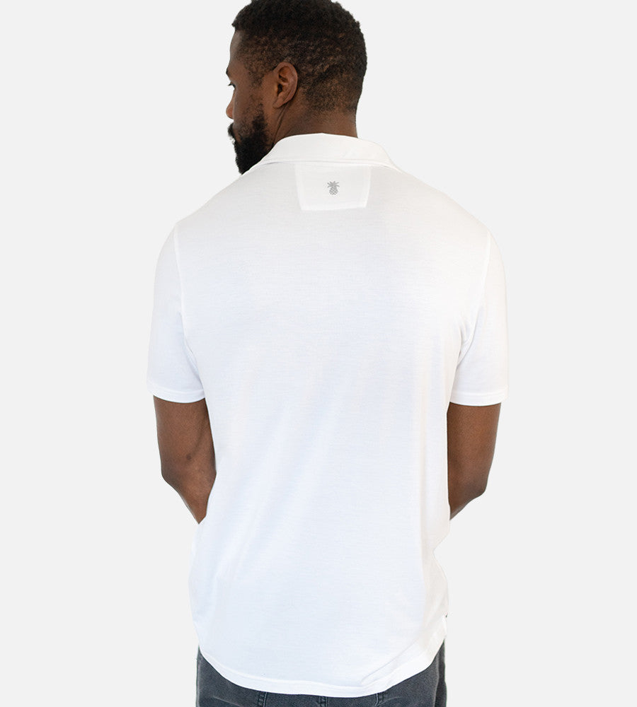 back view of model wearing white polo~White