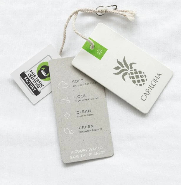 cariloha product tags featuring the fair trade logo