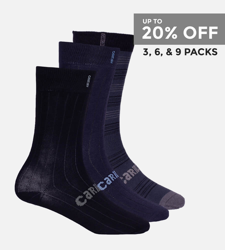 up to 20% off 3, 6, and 9 packs. A stack of 3 trouser socks