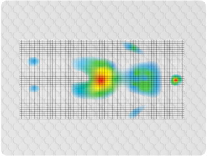 Pressure map — foam mattress, red hot spots at shoulder and hip