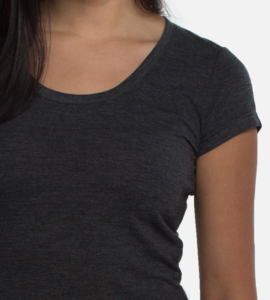 front view close-up to clearly see the neckline and sleeve of Charcoal scoop tee~Charcoal